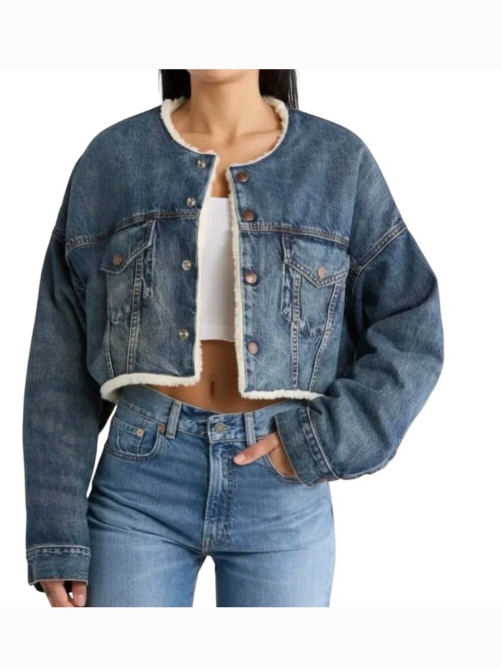 Denimist Denim Faux Shearling Collarless Snap Front Cropped Jacket
